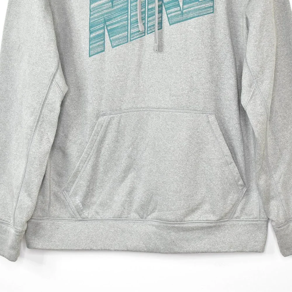 NIKE Hoodie Sweatshirt Pullover Mens M Therma Fit Gray Spell Out Fleece Athletic